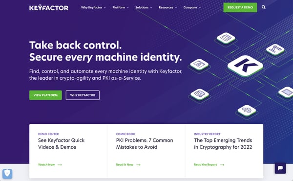 [Screen capture] Keyfactor.com homepage. Keyfactors is one of the best B2B website examples because it offers clear, simple information to support its customer acquisition goals