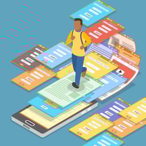 Is your landing page putting visitors in a navigation maze? Graphic shows a man running across an array of landing pages.