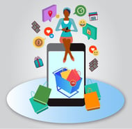 Best practices to improve your ecommerce design - use filters to narrow search results. Ecommerce icons and a woman sits on a mobile device displaying a shopping cart