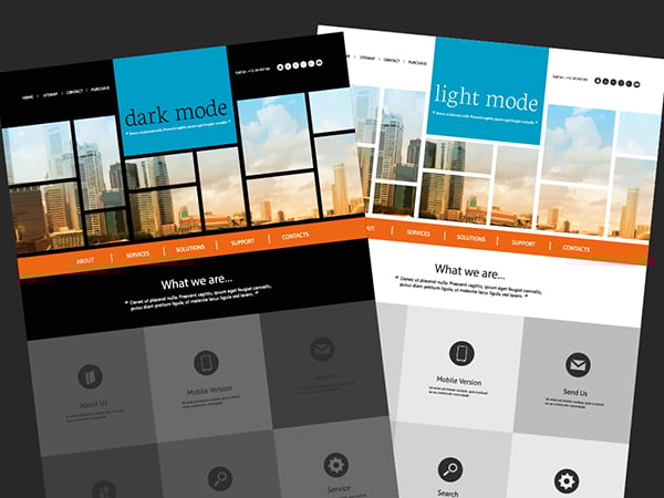 Dark mode is a popular mobile design trend in 2021 that reduces eye strain and battery consumption. Two webpage mockups in light and dark mode.
