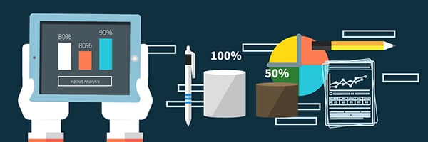 Website Redesign - Monitor bounce and conversion rates relative to traffic. Hands hold tablet with bar graph; pie chart, line graph