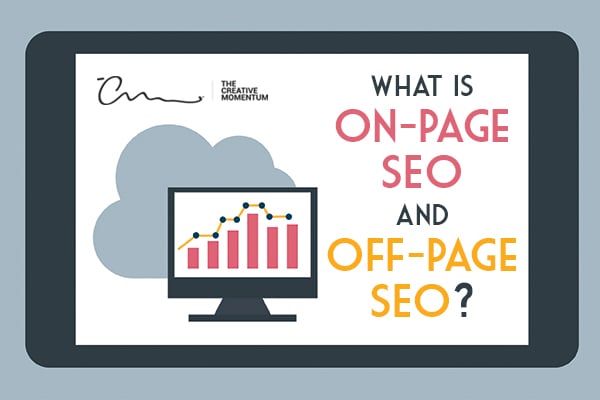 Both on-page and off-page SEO are essential for effective website strategy and marketing. A cloud behind a monitor displaying a bar graph.