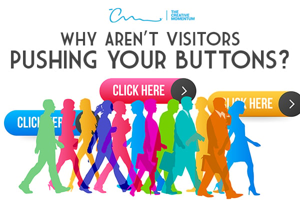 If you're interested in converting website visitors, follow these tips. Silhouettes walk past "click here" buttons in background.