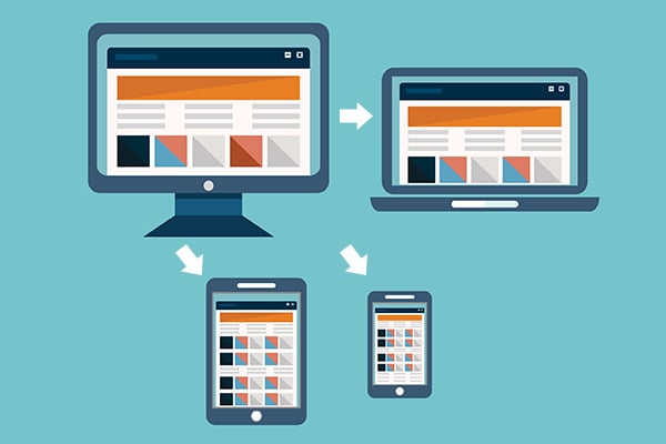 Web design and SEO - Designing for mobile is a must-have SEO strategy. A desktop design is shown on a tablet, laptop, phone.