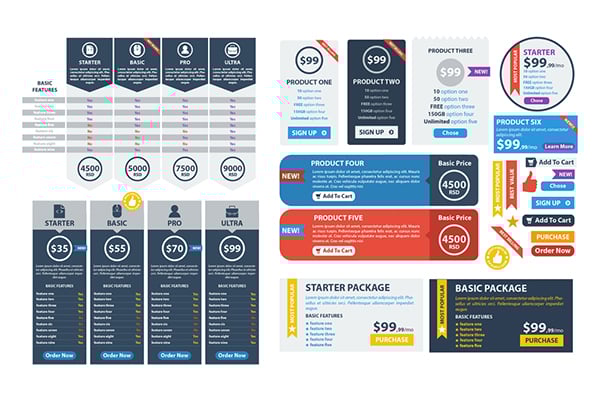 Website pricing page best practices - Examples of different pricing designs for a pricing page.