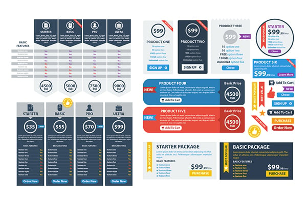 Website pricing page best practices - Examples of different pricing designs for a pricing page.