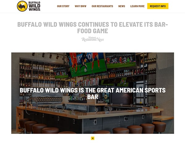 [screen capture] buffalowildwingsfranchising.com homepage. Franchises would be wise to follow the lead of BWW franchising site, which employs plenty of white space, action-oriented CTAs, and a short, embedded form