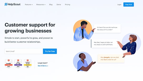 [screen capture] helpscout.com homepage. HelpScout captures social proof, identifies its personas, illustrates its product, and provides multiple CTAs all above the fold making them one of the best B2B website examples
