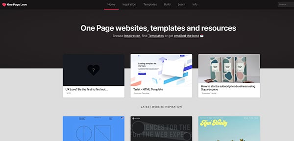 [screen capture] onepagelove.com homepage. For lovers of one page websites, One Page Love is another best B2B website example, providing a compendium of resources that can be easily searched and filtered