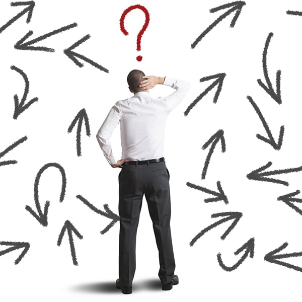 Clear navigation is essential for optimizing a website for user intent -  a confused man in the middle of different directional arrows