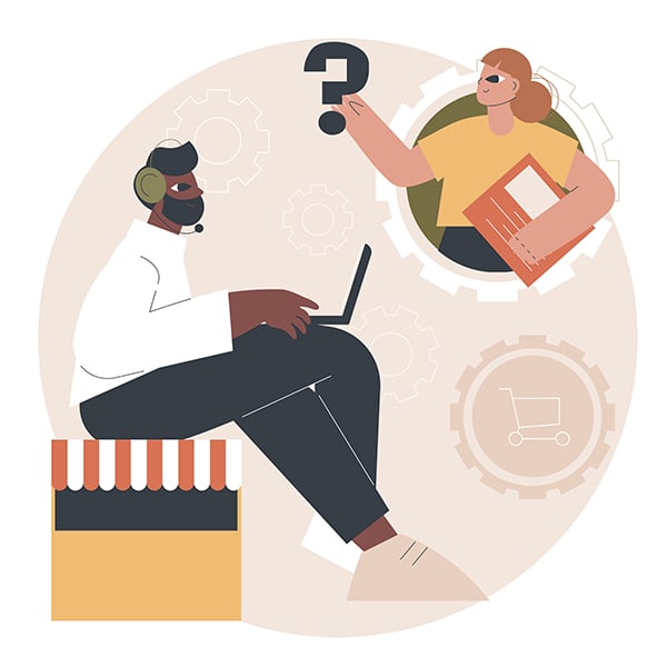 Customer support applications have greatly improved website UX. Man at a laptop with a headset; a woman with a question mark