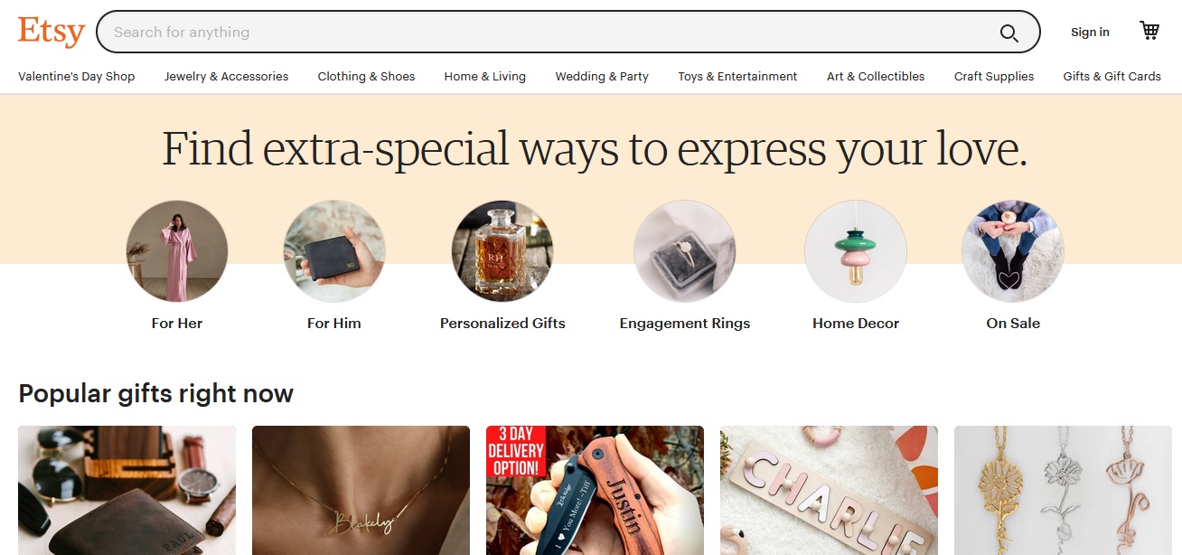 Online retailers like Etsy thrive on audience-based segmentation for its information architecture. 