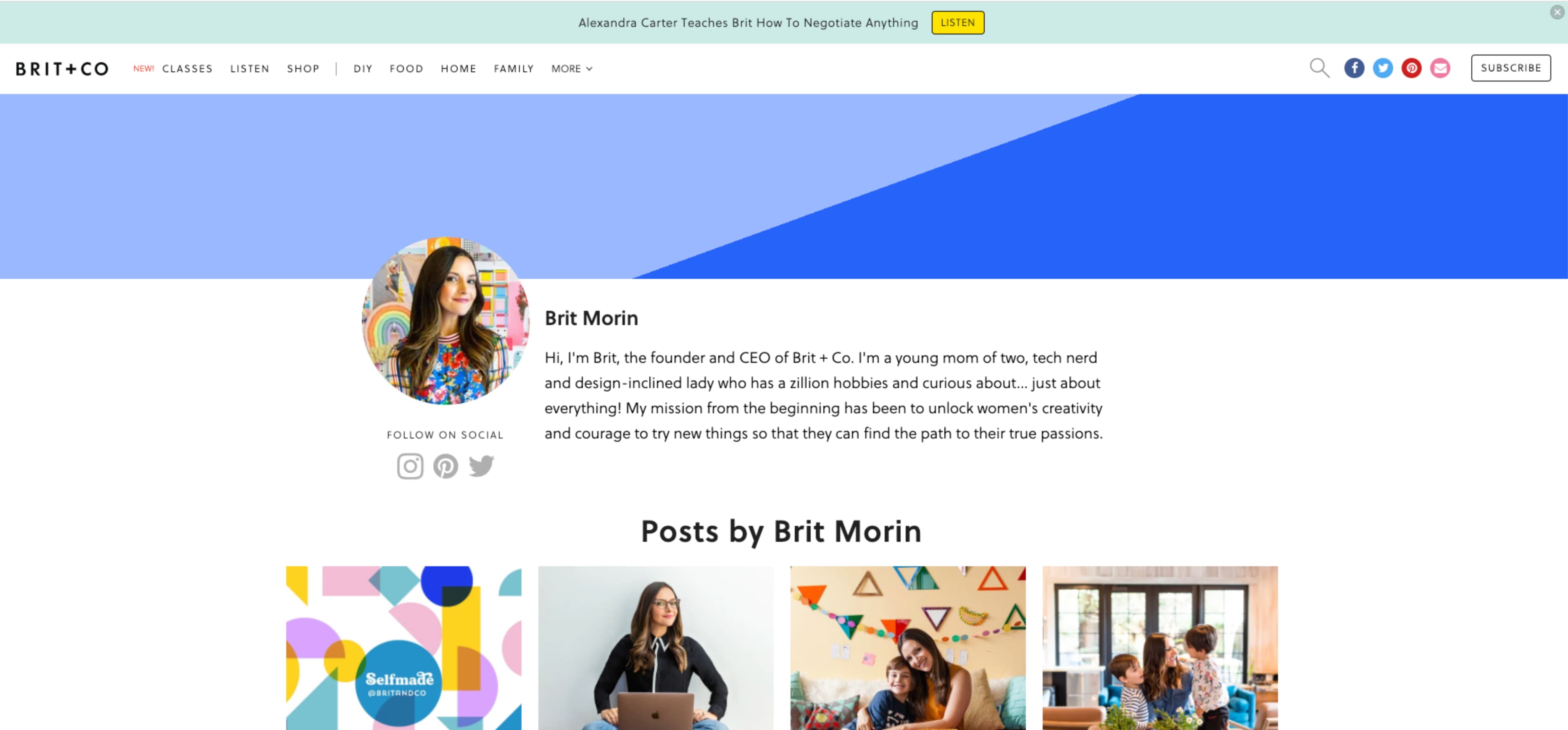 Brit & Co blogs layout is great example of good design. It uses a simple grid layout, relevant tags and titles, and vivid imagery.