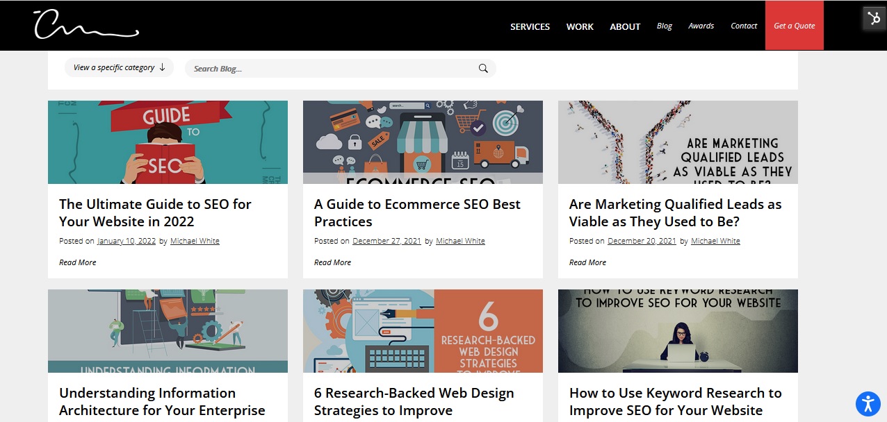 Our blog at the Creative Momentum illustrates the concept of chronological website layouts.