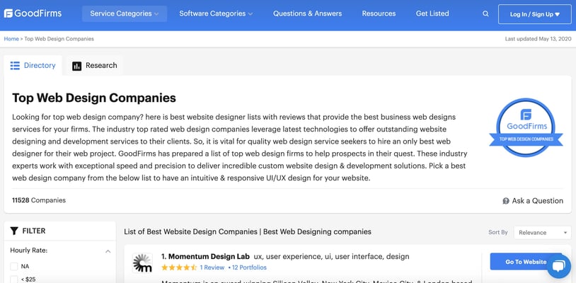 GoodFirms Top Web Design Companies Listing