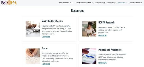 The NCCPA website places its most valuable documents front and center on its resources page to make things easy for users.