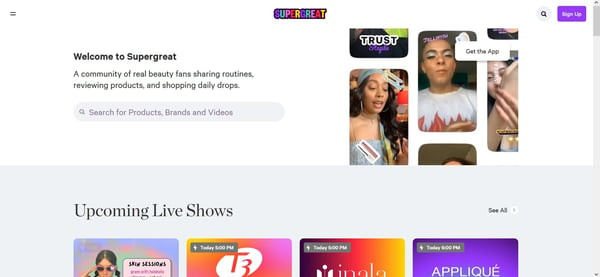 Best web design in 2022 - Supergreat is a beauty social media site with a shopping component that centers their users in their design
