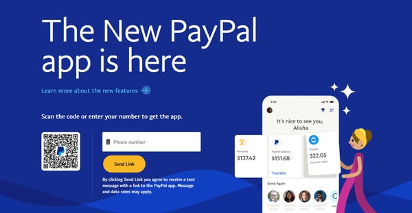 Example of 2022 web design trends - PayPal's home screen uses cartoon illustration to reinforce the copy and design elements of its site