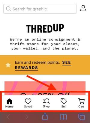 ThredUp uses a lower tab navigation in its mobile ux design