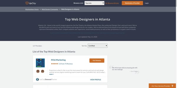 UpCity's Top 25 Web Design Agencies in Atlanta listing