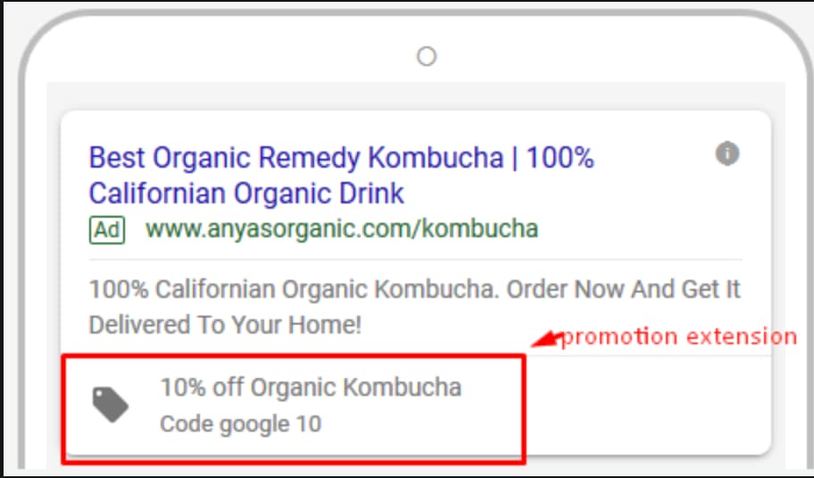 What is a promotion extension-example - a pricing tag next to bolded text that specifies a special offer