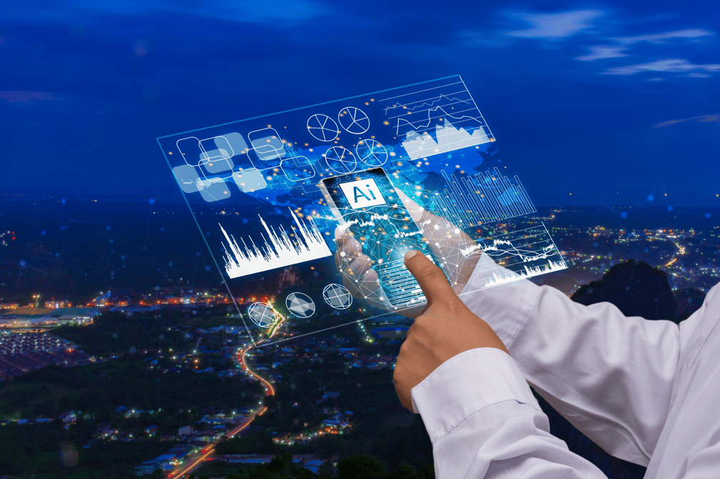Human designer interacting with a futuristic AI interface during website creation