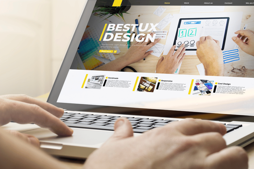 Modern website concept blending photos with grid-based UI elements, illustrating AI’s attempt at aesthetic web design