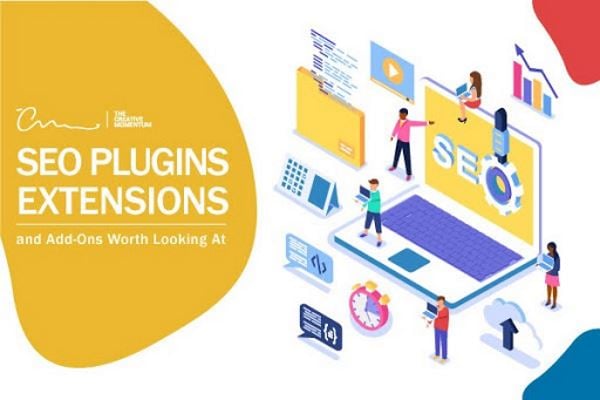  Here are our picks of the best SEO plugins and extensions. Graphics include laptop that says, "SEO" on the screen, people, other common digital icons