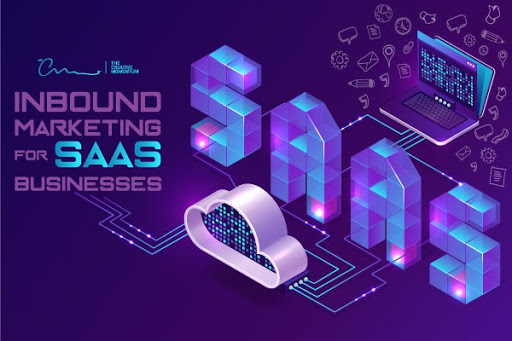 SaaS businesses can educate and convert prospects using inbound marketing. SAAS written as large, purple, 3D text, computer connects to a cloud icon with circuits.