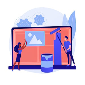 Optimize your design layout to tell your company story. [graphic] A man and lady "design" a screen layout, one holds an image container, the other holds a paint roller.