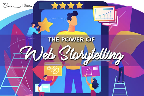 How can storytelling enhance your website? [graphic] Star, gear and thumbs up icons surround a superhero on a tablet screen.