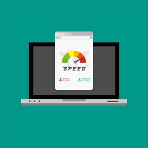 Bounce rates go up with higher page load speeds. A speedometer gauge on a browser window hovers over a laptop.