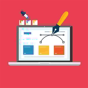 Visuals help reduce bounce rates. [graphic] Paint buckets, eyedropper sit on a laptop who screen shows three colored boxes and a pen drawing lines.
