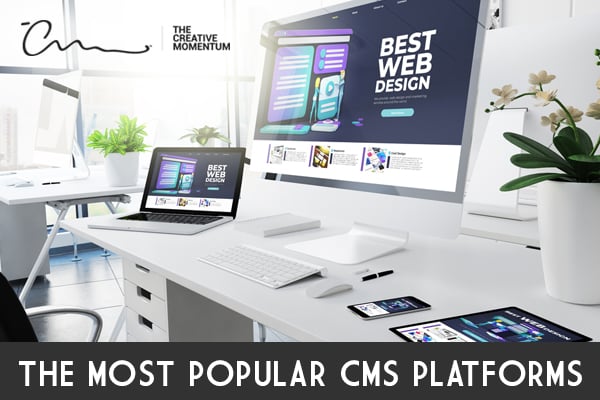 An Overview of the Most Popular CMS Platforms. Digital devices sit on two desks: two iMacs, a Macbook, a phone and a tablet.