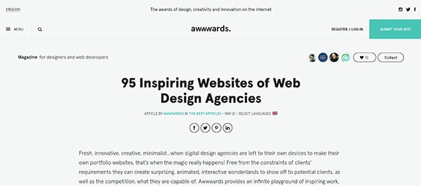 [screen capture] awwwards.com home page. The site showcases and grants prestigious awards for the best in web design.