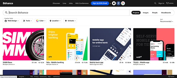 [Screen capture] Behance.com home page. Adobe’s social media site is a great place to find world-class website design inspiration.