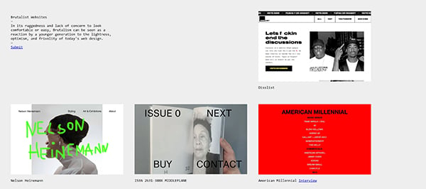[screen capture] brutalistwebsites.com home page. Web designers visit this site for unconventional ideas and inspiration.