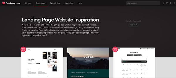 [screen capture] onepagelove.com home page. Particularly helpful for landing page designs, come here to be inspired by the designs of these one page websites.