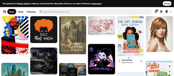 [screen capture] Pinterest home page. You can find a plethora of web design inspiration on this well-known social site.