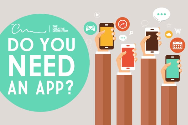 Do you need an app? Benefits and Drawbacks. [graphic] Four arms hold cell phones surrounded by app icons.