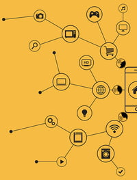 Voice search statistics point to growing use. [graphic] A smartphone connects to a web of shopping cart, music, other icons.