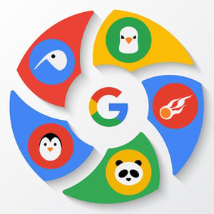 The zoo of Google's algorithm updates. A pinwheel design shows the Google “G” logo in center, surrounded by six sections each picturing an animal or image associated with an important Google update: Pigeon, Hummingbird, Penguin, Panda and a Flaming ball that symbolizes the mobilegeddon update.