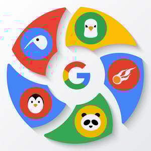The zoo of Google's algorithm updates. A pinwheel design shows the Google “G” logo in center, surrounded by six sections each picturing an animal or image associated with an important Google update: Pigeon, Hummingbird, Penguin, Panda and a Flaming ball that symbolizes the mobilegeddon update.