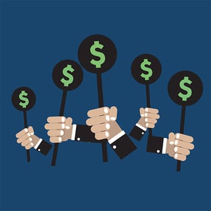 PPC strategy - You might be bidding on ad space, but are you bidding smart? [graphic] Hands holding auction paddles inscribed with a dollar sign.