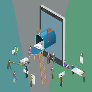 Email campaigns are made or broken due to copy quality. [graphic] people surround a large mailbox attached to a tablet devise.