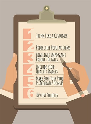 [List] Tips for your PPC campaigns: think like a customer, prioritize popular items, highlight important product details, include high-quality images, make sure your product is accurate and consistent, review policies. A numbered checklist on a clipboard.