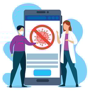 App use is up 20 percent in the first quarter of 2020. Two people on either side of a giant smartphone that features a coronavirus cell inside a circle with a slash.