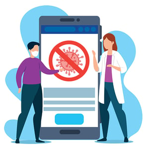 App use is up 20 percent in the first quarter of 2020. Two people on either side of a giant smartphone that features a coronavirus cell inside a circle with a slash.