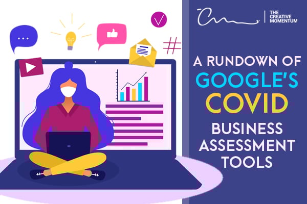 A Rundown of Google Ads’ COVID-19 Resources and Updates. Graphic of a woman wearing a mask sits cross-legged on her laptop surrounded by digital icons (chat, play button, “like,” etc.)