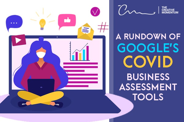 A Rundown of Google Ads’ COVID-19 Resources and Updates. Graphic of a woman wearing a mask sits cross-legged on her laptop surrounded by digital icons (chat, play button, “like,” etc.)